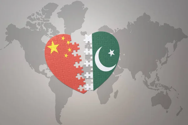 Puzzle Heart National Flag China Pakistan World Map Background Concept — Stock Photo, Image