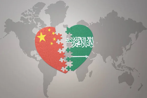 Серце Головоломка Національним Прапором Китаю Саудівської Аравії Фоні Карти Світу — стокове фото
