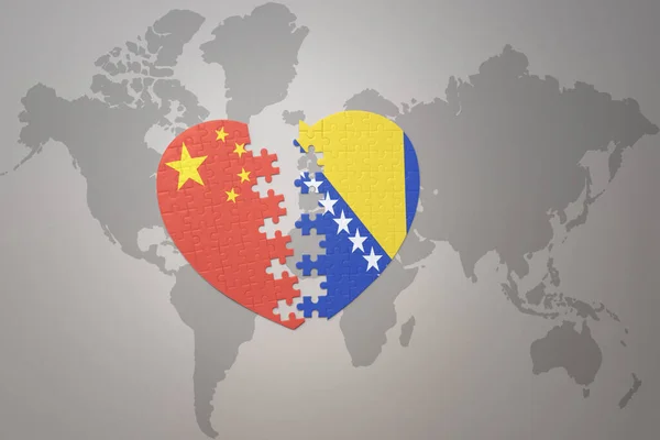 Coração Quebra Cabeça Com Bandeira Nacional China Bósnia Herzegóvina Fundo — Fotografia de Stock