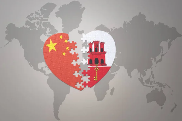 パズルハートで中国の国旗と世界地図の背景にあるジブラルタル コンセプト 3Dイラスト — ストック写真