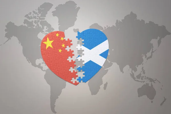 Puzzle Heart National Flag China Scotland World Map Background Concept — Stock Photo, Image
