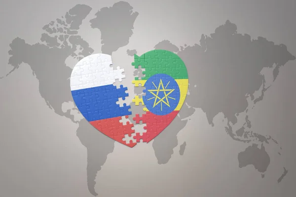 Coração Quebra Cabeça Com Bandeira Nacional Rússia Etiópia Fundo Mapa — Fotografia de Stock