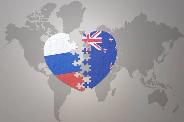 Coeur Puzzle Avec Drapeau National Russie Nouvelle Zélande Sur Fond — Photo