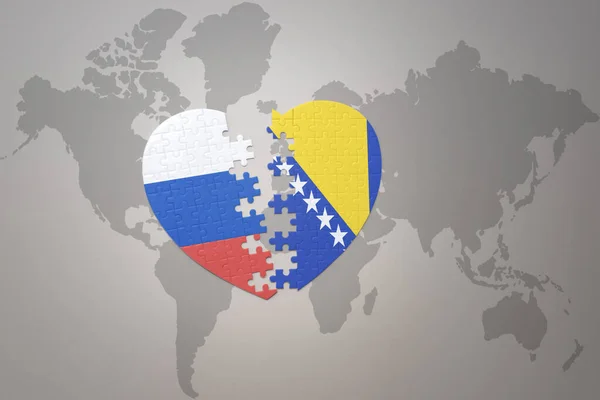 世界地図の背景にロシアとボスニア ヘルツェゴビナの国旗が描かれたパズルハートです コンセプト 3Dイラスト — ストック写真