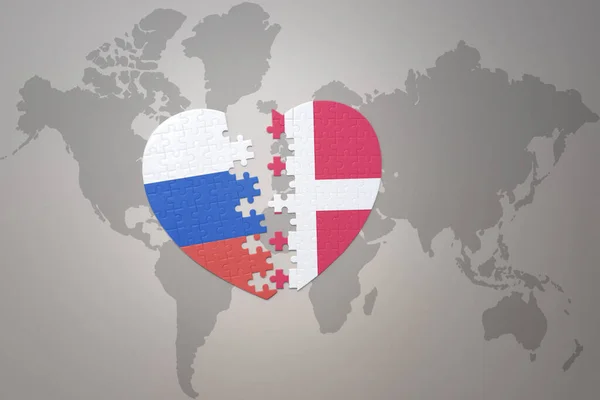 Rusya Nın Ulusal Bayrağı Danimarka Nın Yapboz Kalbi Dünya Haritası — Stok fotoğraf