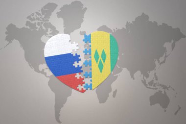 Rusya 'nın ulusal bayrağı, Saint Vincent ve dünya haritasının arka planındaki el bombalarıyla dolu bir yapboz kalbi. Kavram. 3B illüstrasyon