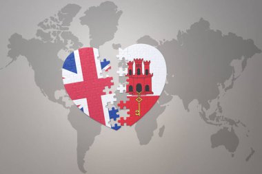 Cebelitarık 'ın ulusal bayrağı ve dünya haritasının arka planında büyük Britanya' nın yapboz kalbi. Kavram. 3B illüstrasyon