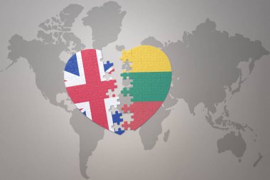 Litvanya 'nın ulusal bayrağı ve dünya haritasının arka planında büyük Britanya' nın bulmaca kalbi. Kavram. 3B illüstrasyon