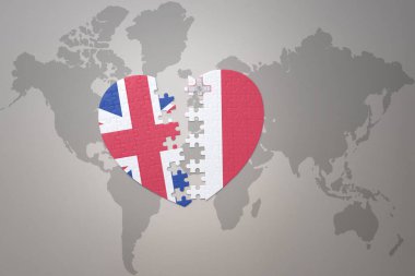 Ulusal Malta bayrağı ve dünya haritasının arka planında Büyük Britanya 'nın yapboz kalbi. Kavram. 3B illüstrasyon