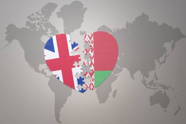 Belarus 'un ulusal bayrağı ve dünya haritasının arka planında büyük Britanya' nın bulmaca kalbi. Kavram. 3B illüstrasyon