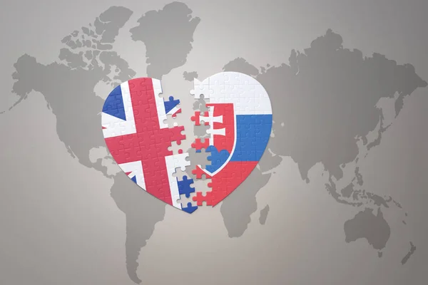 Puzzle Heart National Flag Slovakia Great Britain World Map Background — Stock Photo, Image