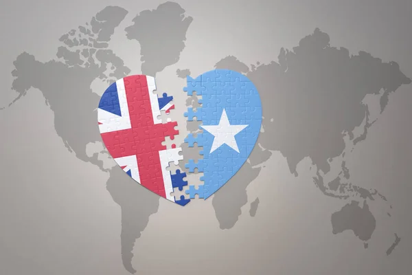 Puzzle Heart National Flag Somalia Great Britain World Map Background — Stock Photo, Image