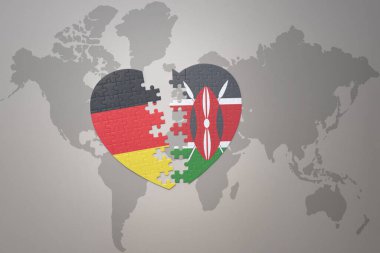Kenya 'nın ulusal bayrağı ve Almanya' nın dünya haritasında yer alan bir yapboz kalbi. Kavram. 3B illüstrasyon