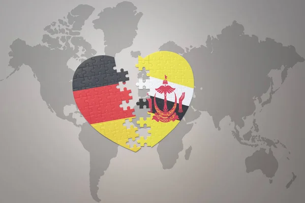Puzzelhart Met Nationale Vlag Van Brunei Duitsland Een Wereldkaart Achtergrond — Stockfoto