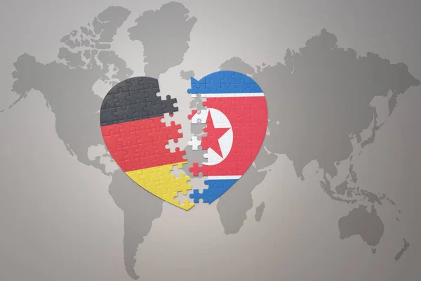 在世界地图的背景上 与朝鲜和德国国旗拼凑在一起 3D插图 — 图库照片