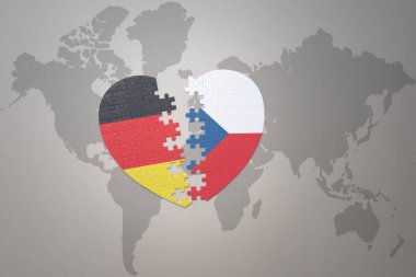 Czech cumhuriyetinin ulusal bayrağı ve dünya haritasının arka planında Almanya 'nın bulmaca kalbi. Kavram. 3B illüstrasyon