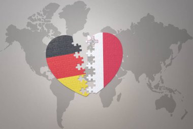 Dünya haritasının arka planında Malta ve Almanya 'nın ulusal bayrağı olan bir bulmaca kalbi. Kavram. 3B illüstrasyon