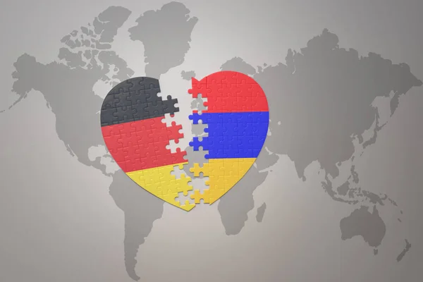 在世界地图的背景上 用Armenia和Germany的国旗拼凑心脏 3D插图 — 图库照片