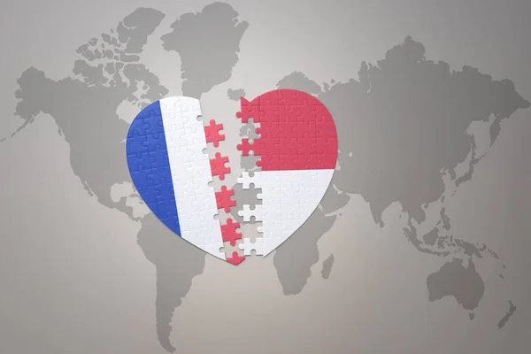 Puzzle Herz Mit Der Nationalflagge Von Frankreich Und Indonesien Auf — Stockfoto