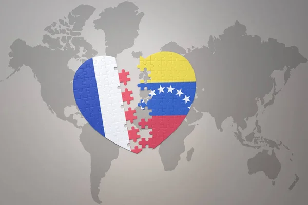 Coração Quebra Cabeça Com Bandeira Nacional França Venezuela Fundo Mapa — Fotografia de Stock