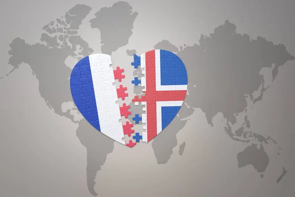 Puzzle Heart National Flag France Iceland World Map Background Concept — Stock Photo, Image