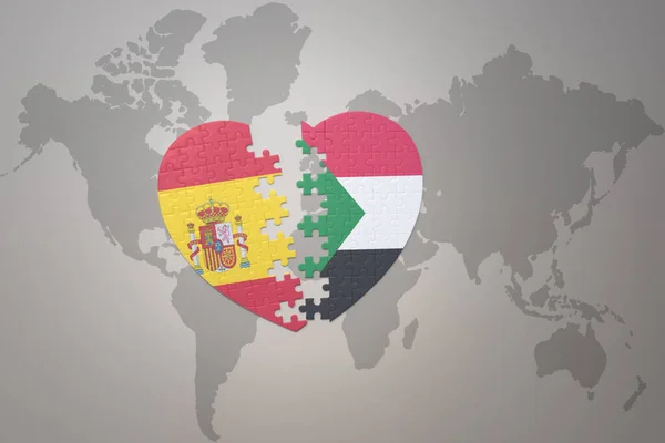 在世界地图的背景上 将国旗和西班牙国旗拼凑在一起 3D插图 — 图库照片