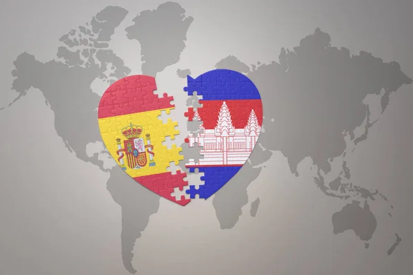 在世界地图的背景上 用迷迭香和西班牙国旗拼图心形图案 3D插图 — 图库照片