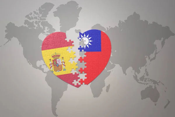 在世界地图的背景上 与台湾国旗和西班牙国旗拼凑在一起 3D插图 — 图库照片