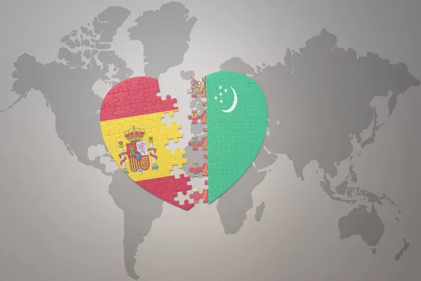 将土耳其国旗与世界地图背景上的西班牙国旗拼凑在一起 3D插图 — 图库照片