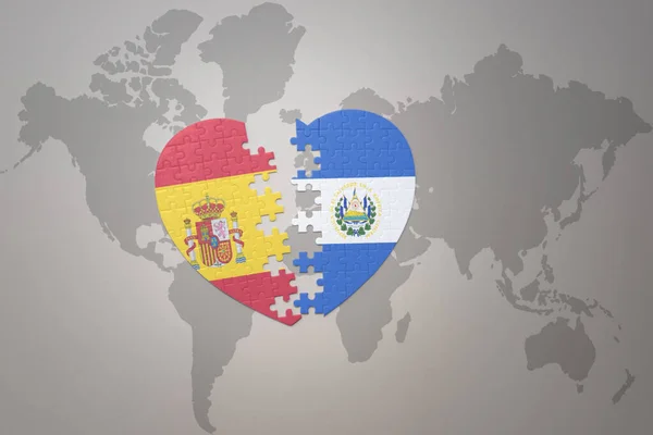 エルサレドルの国旗と世界地図の背景にスペインのパズルハート コンセプト 3Dイラスト — ストック写真