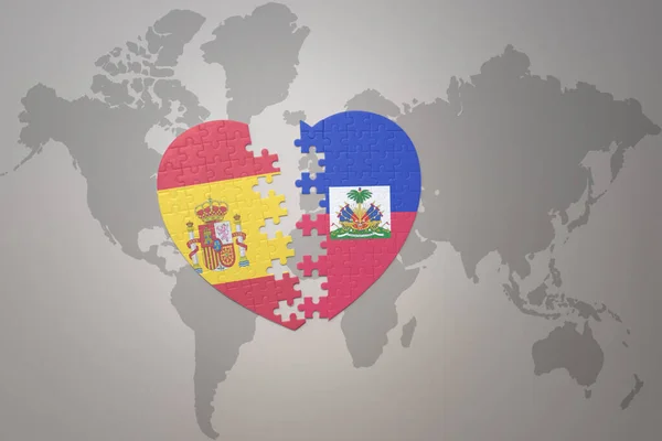 在世界地图的背景上 用海蒂和西班牙国旗拼凑人心 3D插图 — 图库照片