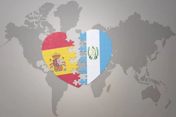 Coração Quebra Cabeça Com Bandeira Nacional Guatemala Espanha Fundo Mapa — Fotografia de Stock