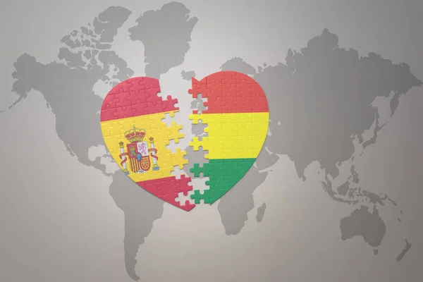 用世界地图背景上的玻利维亚国旗和西班牙国旗迷惑人心 3D插图 — 图库照片