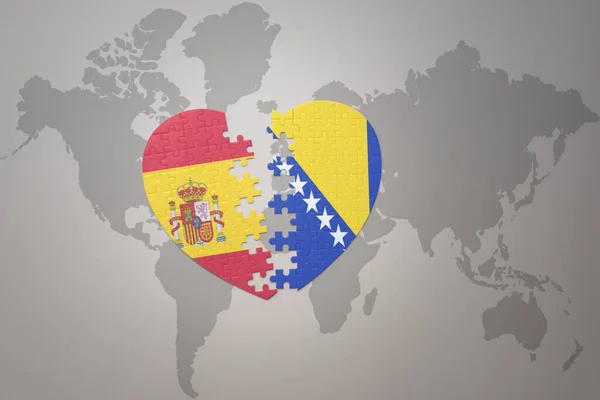 在世界地图的背景上 用波斯尼亚和黑塞哥维那国旗与西班牙国旗拼凑心扉 3D插图 — 图库照片