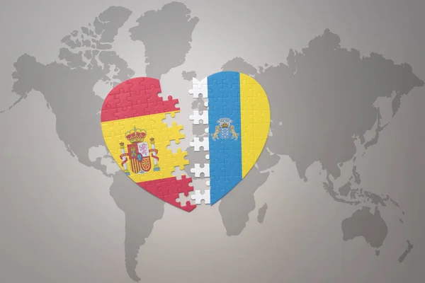 将加那利群岛的国旗和世界地图背景上的西班牙国旗拼凑在一起 3D插图 — 图库照片