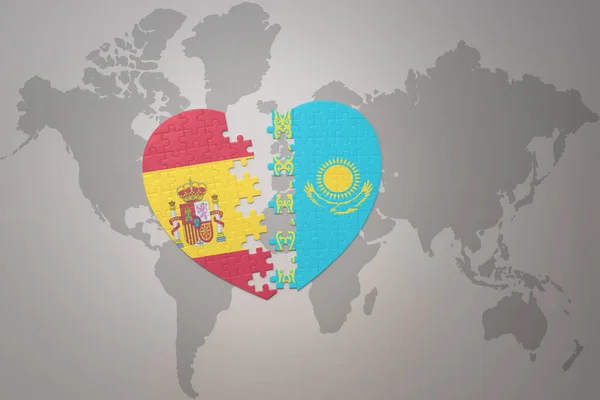 在世界地图的背景上 用巴基斯坦国旗和西班牙国旗拼凑心扉 3D插图 — 图库照片