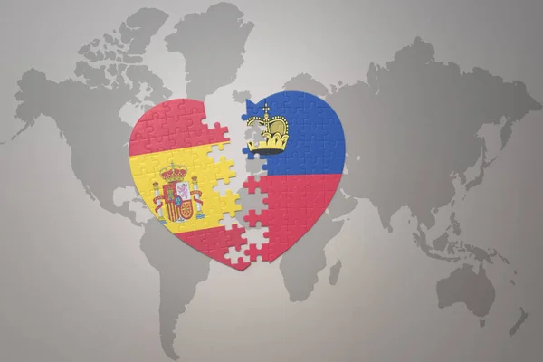 在世界地图的背景上 将国旗和西班牙国旗拼凑在一起 3D插图 — 图库照片