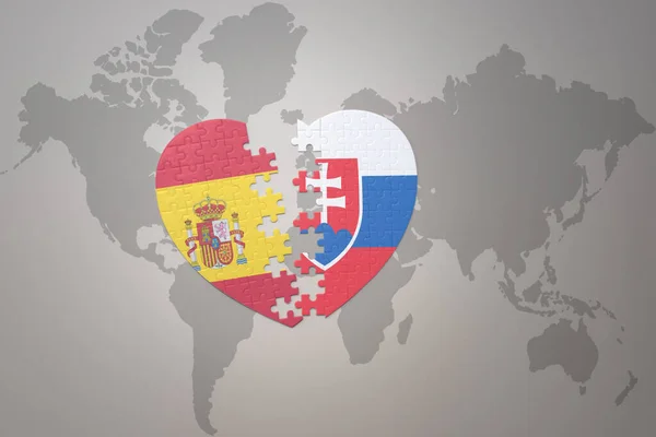 Puzzle Heart National Flag Slovakia Spain World Map Background Concept — Stock Photo, Image