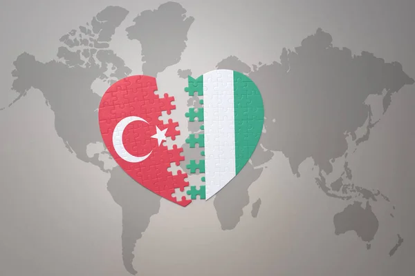 Puzzle Heart National Flag Turkey Nigeria World Map Background Concept — Stock Photo, Image