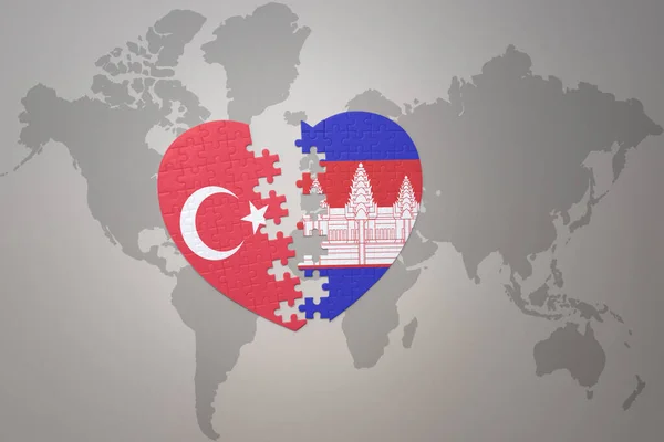 Puzzle Herz Mit Der Nationalflagge Der Türkei Und Kambodscha Auf — Stockfoto