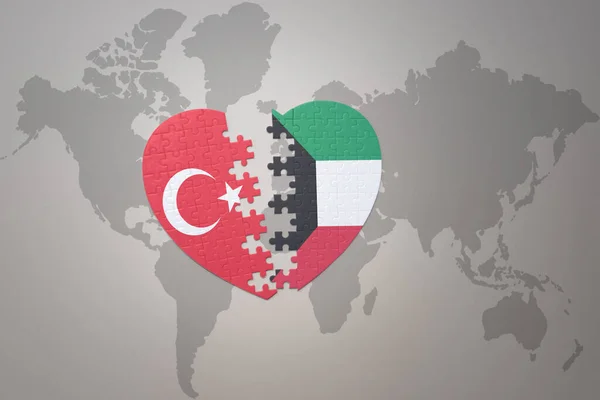Puzzel Hart Met Nationale Vlag Van Kalkoen Koeweit Een Wereldkaart — Stockfoto