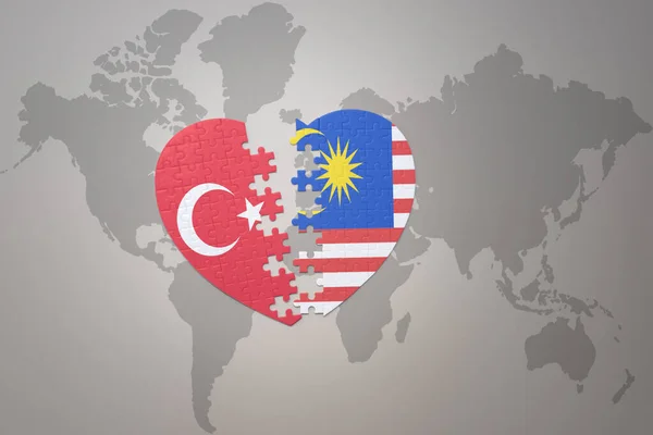 Puzzle Heart National Flag Turkey Malaysia World Map Background Concept — Stock Photo, Image