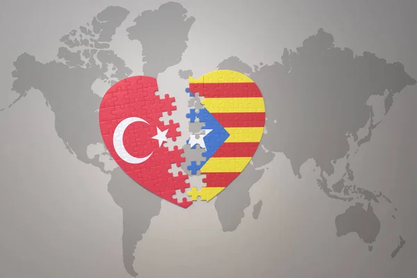 Puzzle Heart National Flag Turkey Catalonia World Map Background Concept — Stock Photo, Image