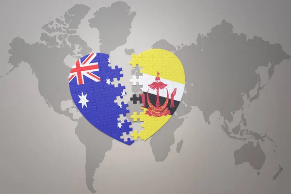 ブルネイとオーストラリアの国旗を背景にしたパズルハートです コンセプト 3Dイラスト — ストック写真