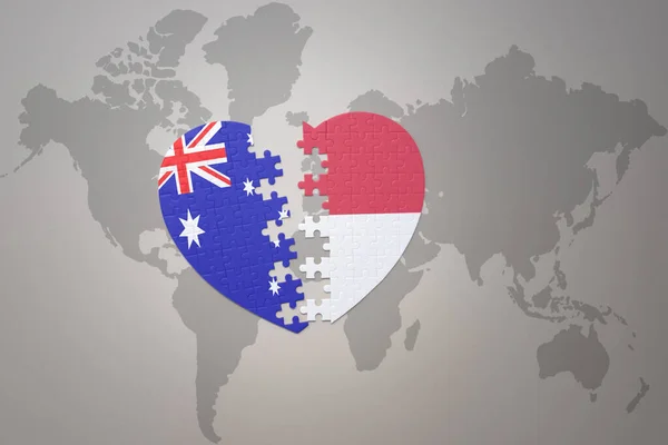 Coeur Puzzle Avec Drapeau National Indonésie Australie Sur Fond Carte — Photo