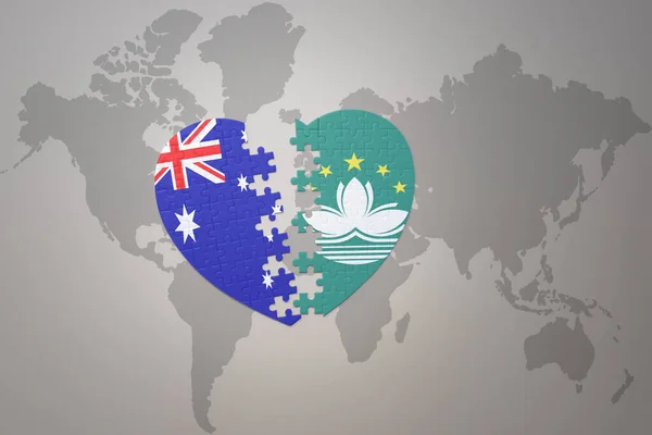 Coeur Puzzle Avec Drapeau National Macao Australie Sur Fond Carte — Photo