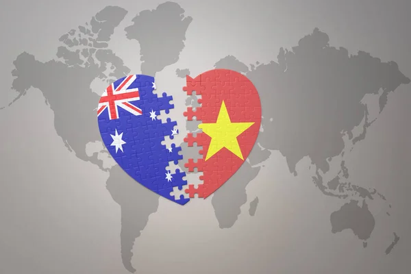 パズルハートはベトナムとオーストラリアの国旗を背景にした世界地図です コンセプト 3Dイラスト — ストック写真