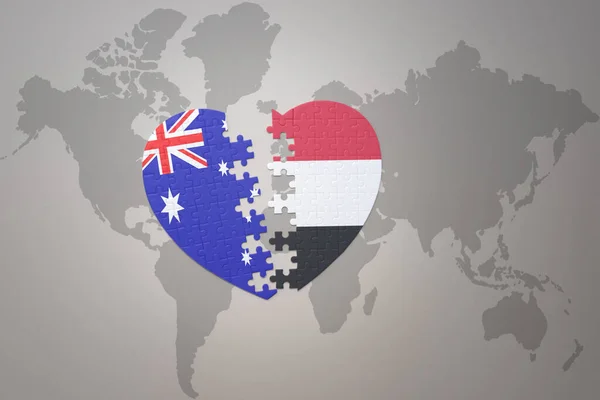 Coeur Puzzle Avec Drapeau National Yémen Australie Sur Fond Carte — Photo