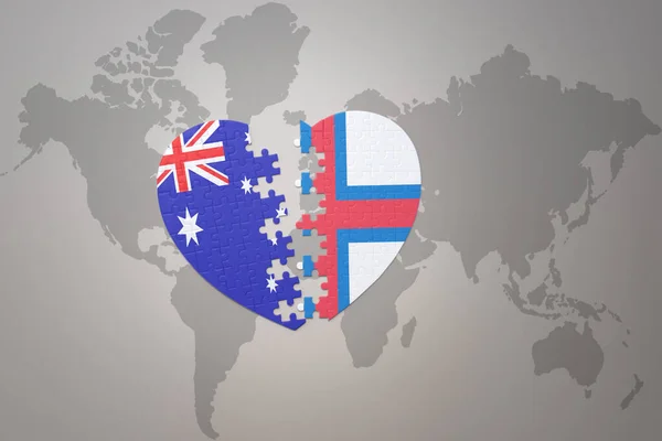 世界地図の背景にフェロー諸島やオーストラリアの国旗が描かれたパズルハートです コンセプト 3Dイラスト — ストック写真