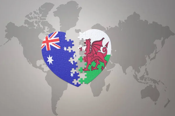Corazón Del Rompecabezas Con Bandera Nacional Gales Australia Fondo Mapa —  Fotos de Stock